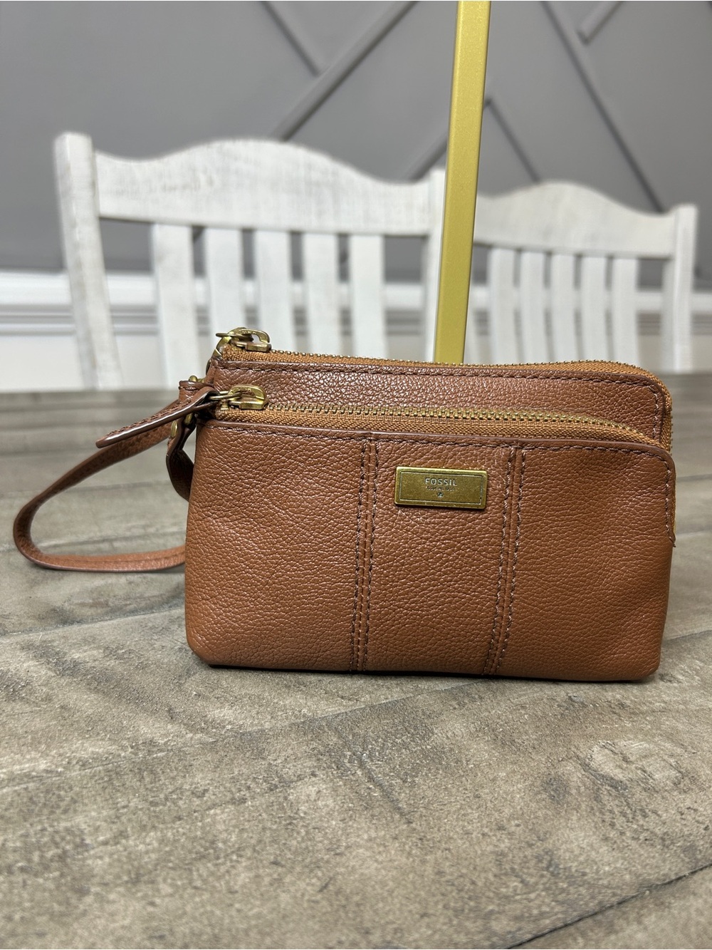 Fossil Cognac Brown Pebbled Leather Double Zip Wristlet Pouch Wallet Brass HW